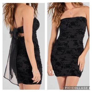 Windsor Flocked Velvet Black Back Bow Strapless Dress